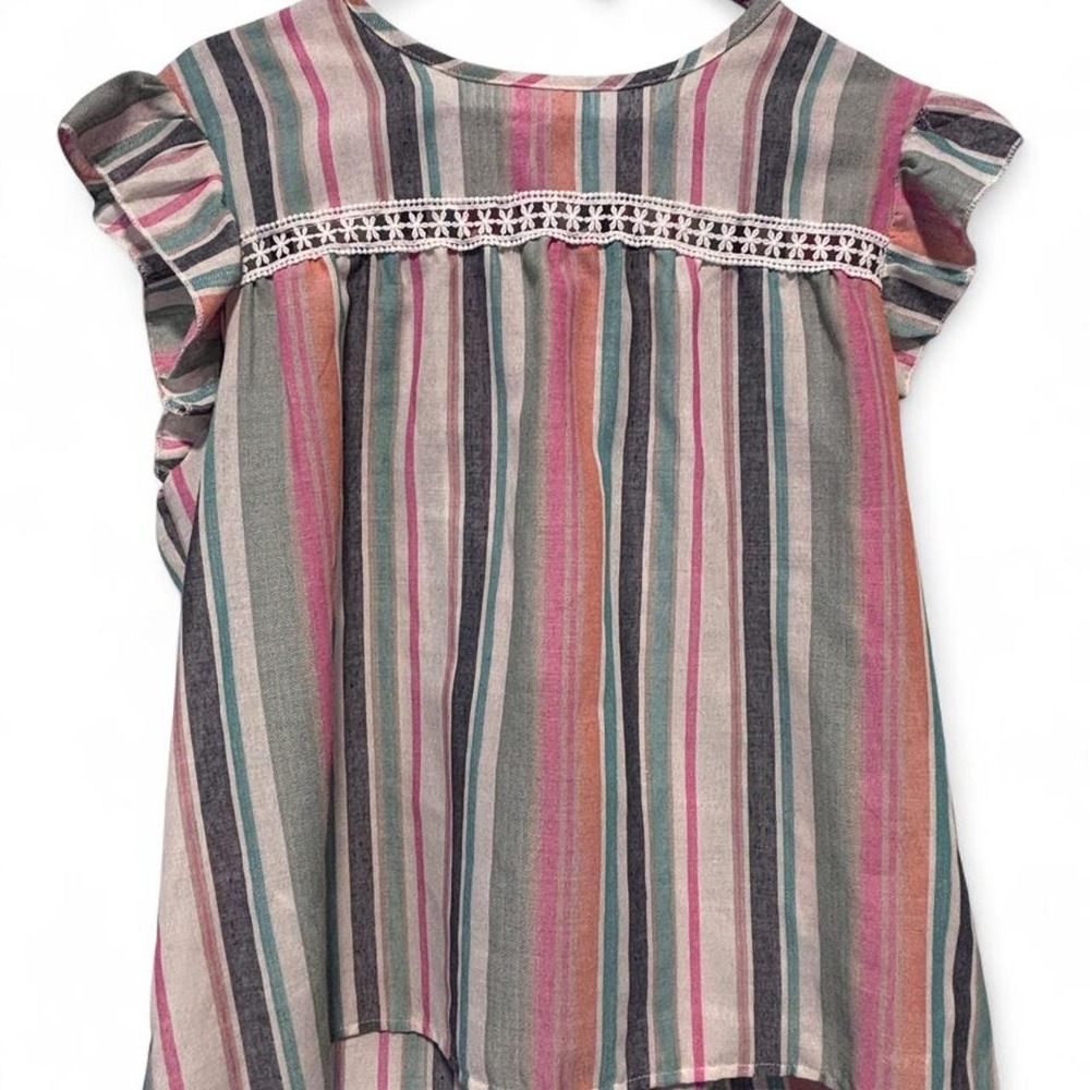 Emery Rose Multi-Color Striped Ruffle Sleeve Blouse XL Lace Trim Cottagecore